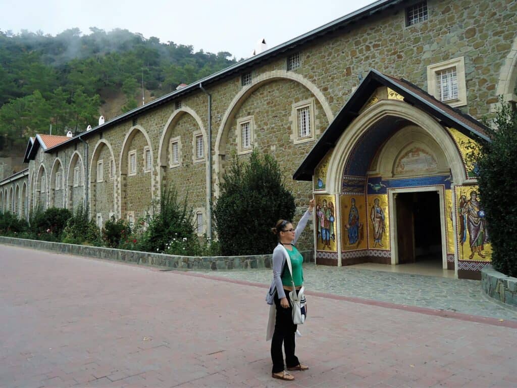 Superwoman in front of Kykkos Monastery